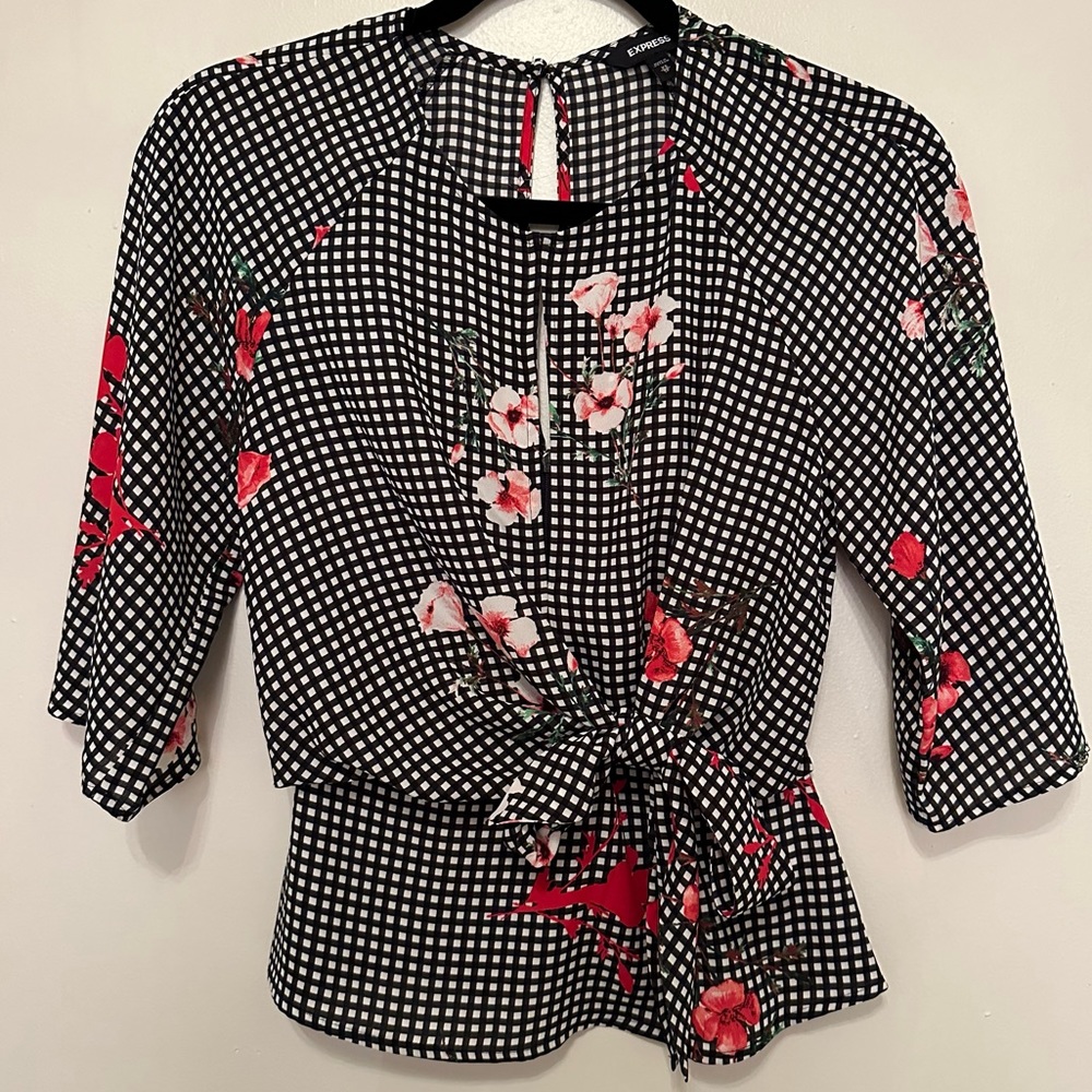 Express Gingham Floral Knot Top - Size XS